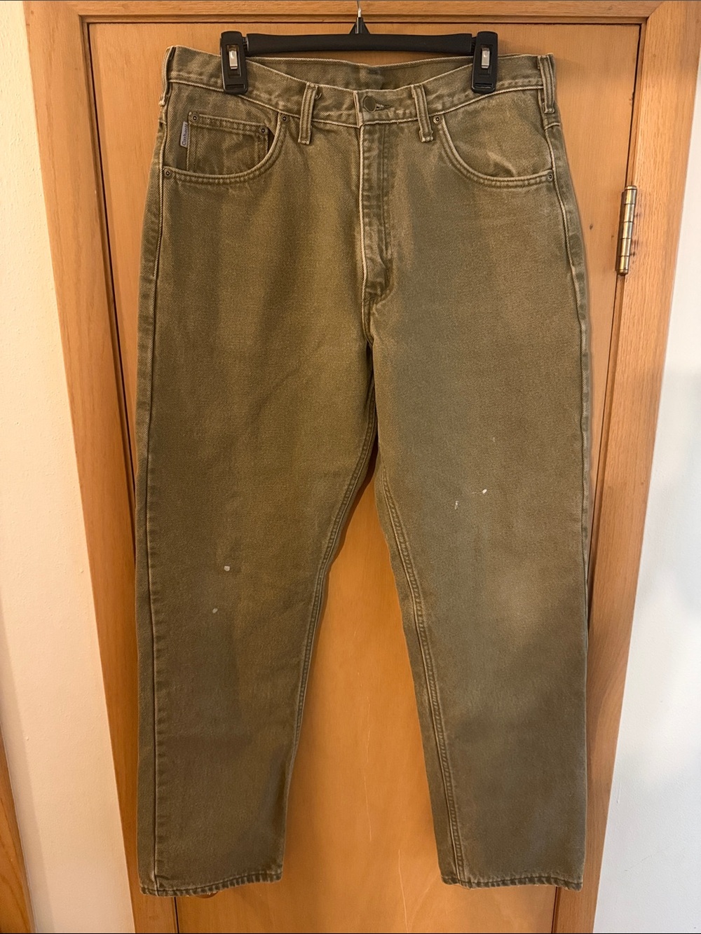Carhartt Men's Vintage Flannel Lined Jeans Pants Taupe Olive Green Size 34x34